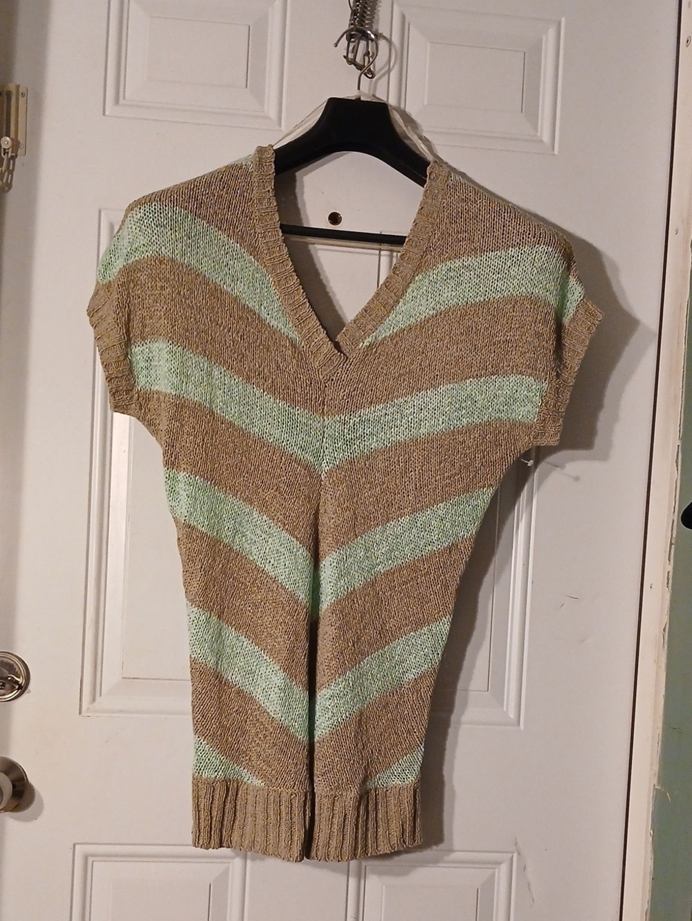 Dots Women’s Striped V-Neck Short Sleeve Sweater in Mint and Gray